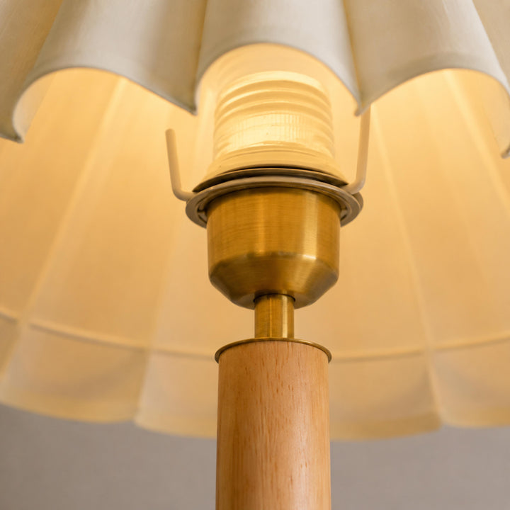 Retro Table Lamp with Cylindrical Wood Base and Pleated Fabric Shade for Bedroom or Desk Use