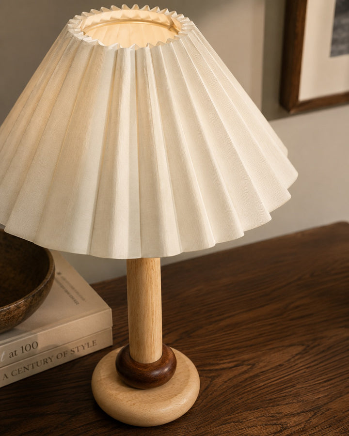 Retro Table Lamp with Cylindrical Wood Base and Pleated Fabric Shade for Bedroom or Desk Use