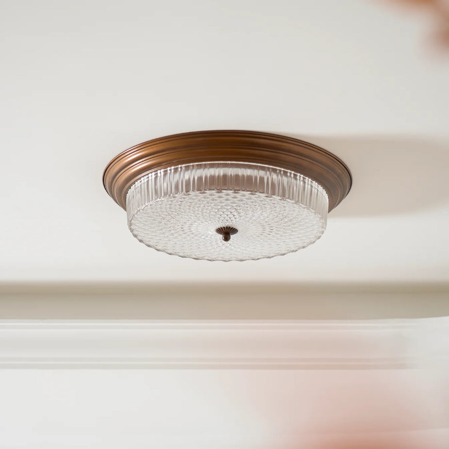 Vintage Brass & Ribbed Glass LED Flush Mount Ceiling Light