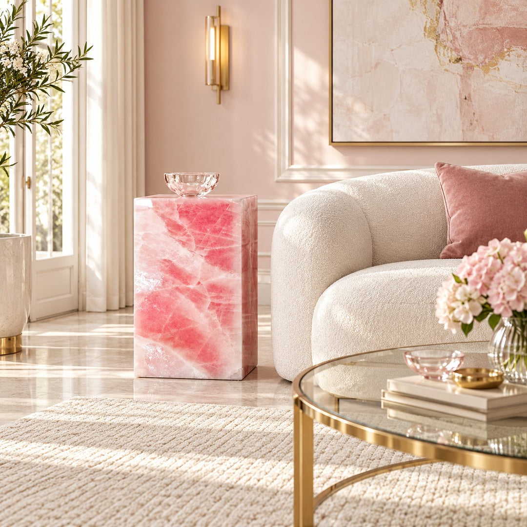 Modern Geometric Rose Quartz Marble Side Table Sculptural Accent for Living Room