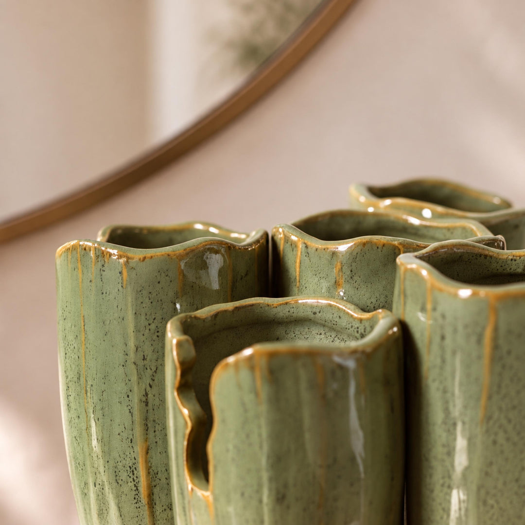 Modern Ceramic Vase Multi-Spout Design Watertight Reactive-Glaze Finish Green Artisanal Style