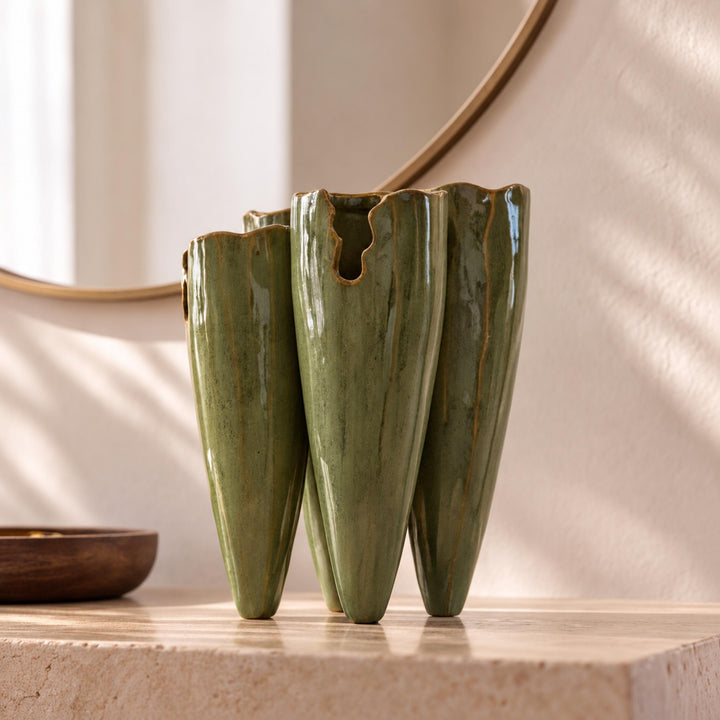 Modern Ceramic Vase Multi-Spout Design Watertight Reactive-Glaze Finish Green Artisanal Style