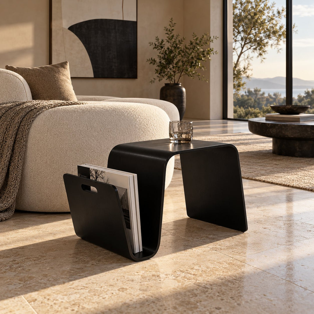 Modern Minimalist Side Table Solid Pine Wood N-Shape Design with Open Shelf for Small Spaces