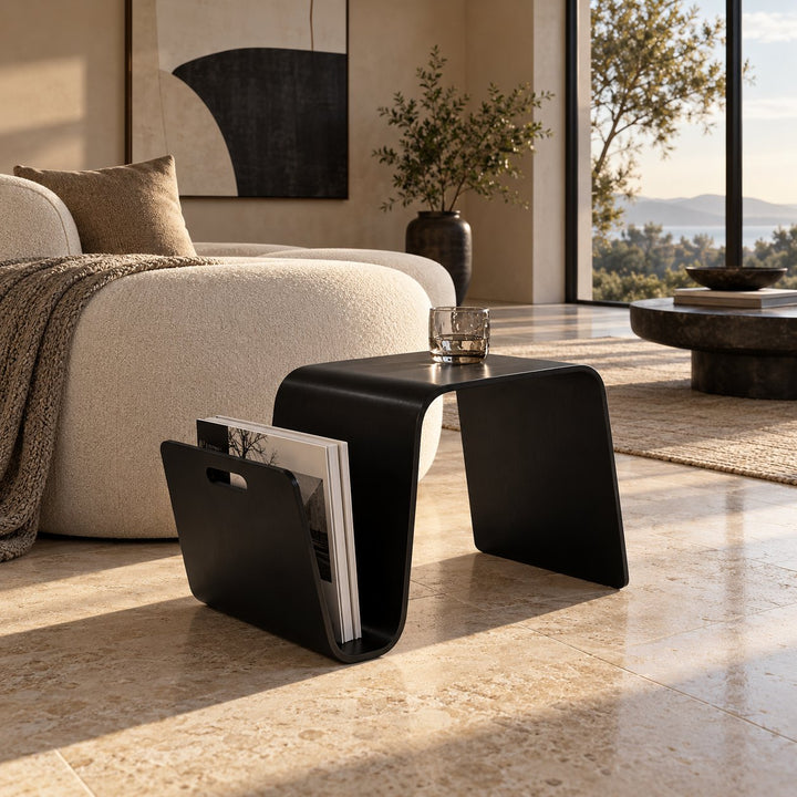 Modern Minimalist Side Table Solid Pine Wood N-Shape Design with Open Shelf for Small Spaces