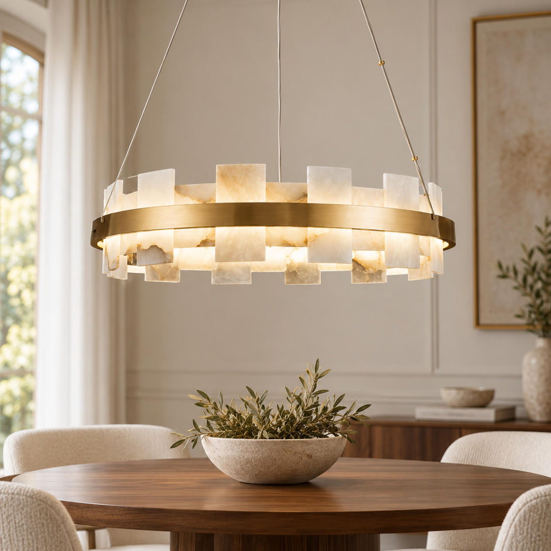 Modern Chandelier Hanging Light with Metal Frame and White Alabaster Panels Integrated LED