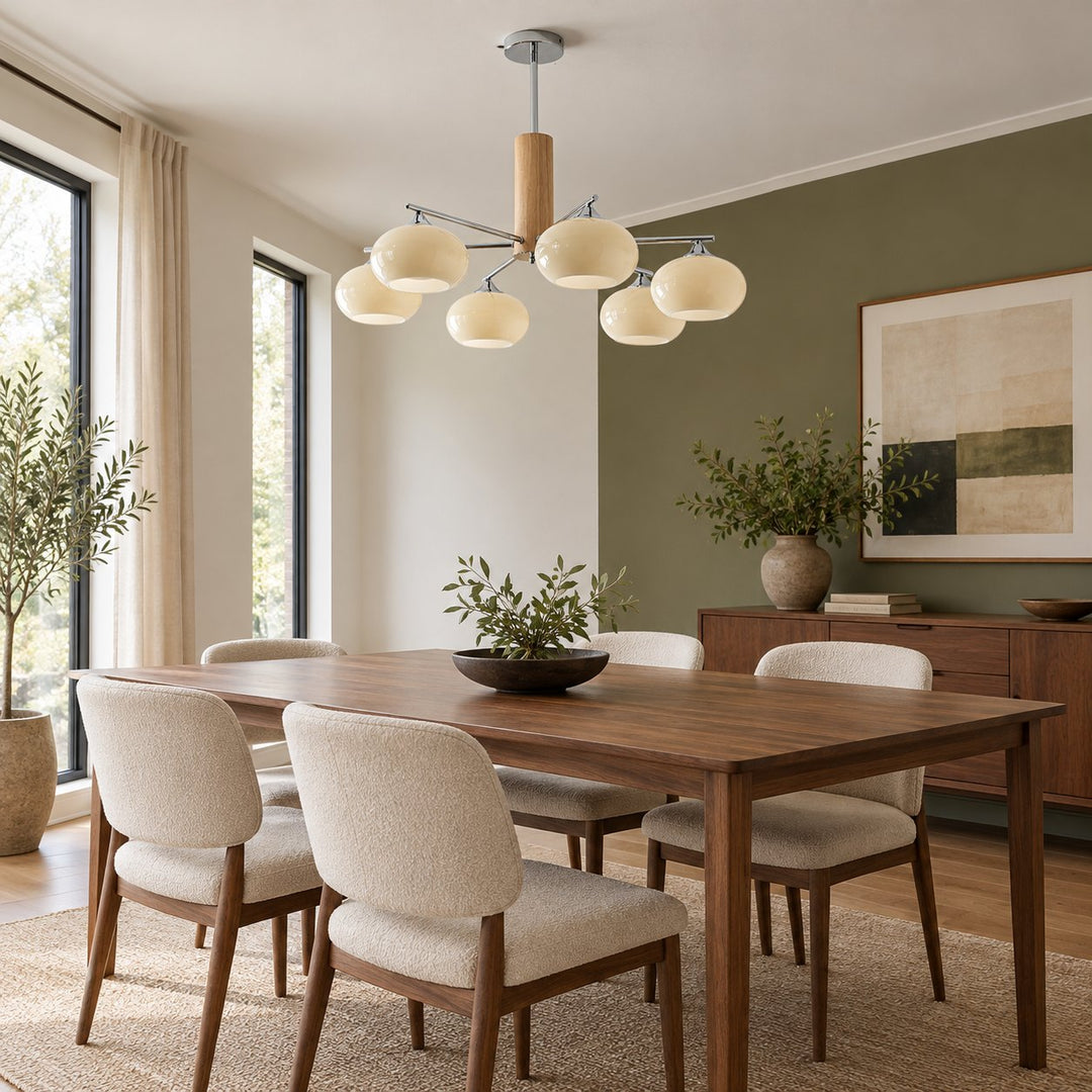 Midcentury Elliptical Chandelier Ceiling Light with Metal Frame and Glass Shade LED Compatible