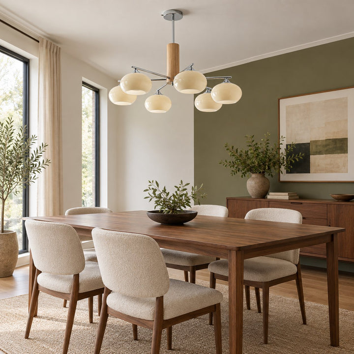 Midcentury Elliptical Chandelier Ceiling Light with Metal Frame and Glass Shade LED Compatible