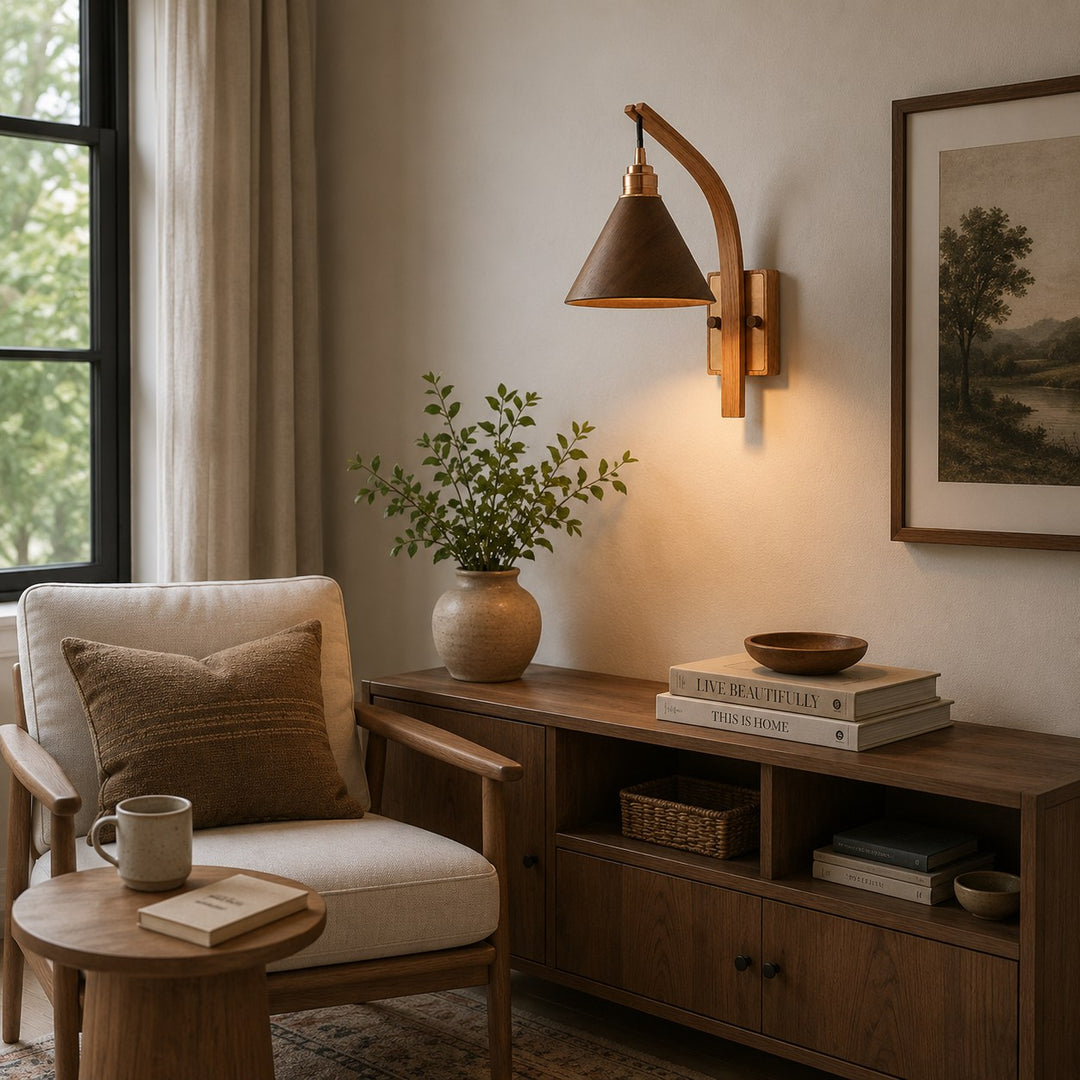 Scandinavian Modern Wall Light Wall Mounted Wooden Arm Brass Backplate LED Downlight