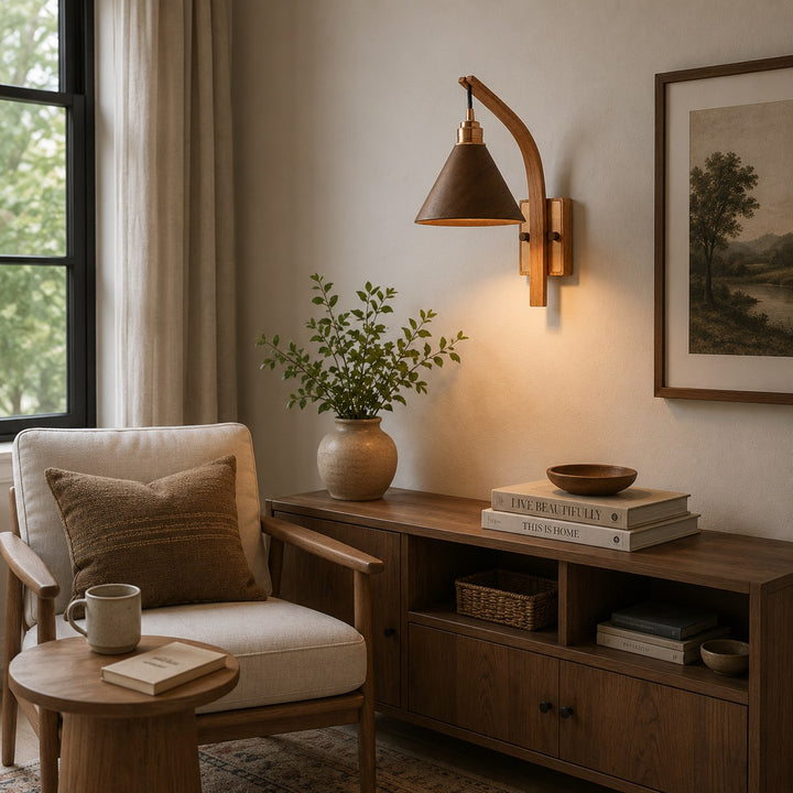Scandinavian Modern Wall Light Wall Mounted Wooden Arm Brass Backplate LED Downlight