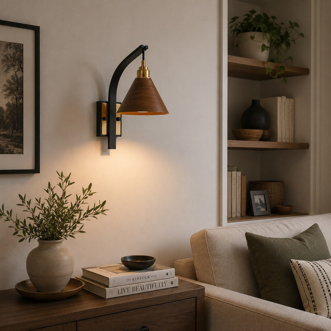 Scandinavian Modern Wall Light Wall Mounted Wooden Arm Brass Backplate LED Downlight