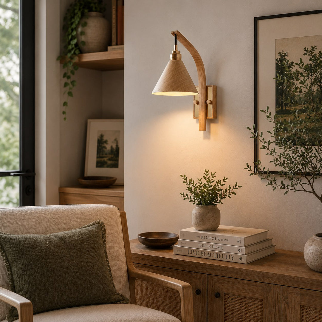 Scandinavian Modern Wall Light Wall Mounted Wooden Arm Brass Backplate LED Downlight