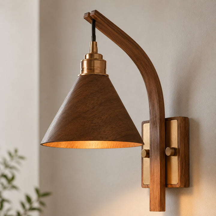 Scandinavian Modern Wall Light Wall Mounted Wooden Arm Brass Backplate LED Downlight