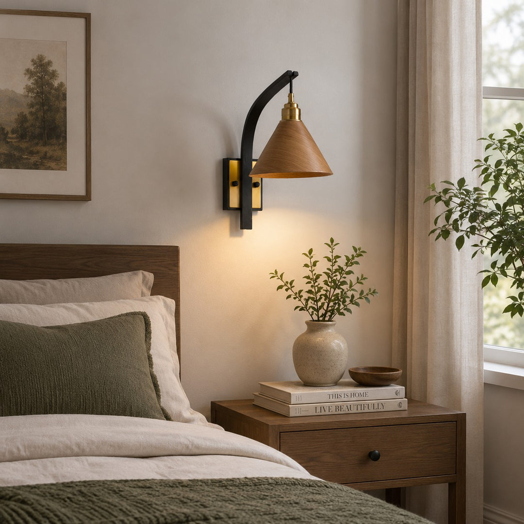 Scandinavian Modern Wall Light Wall Mounted Wooden Arm Brass Backplate LED Downlight
