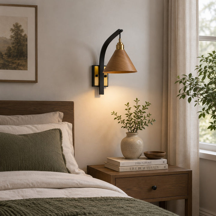 Scandinavian Modern Wall Light Wall Mounted Wooden Arm Brass Backplate LED Downlight