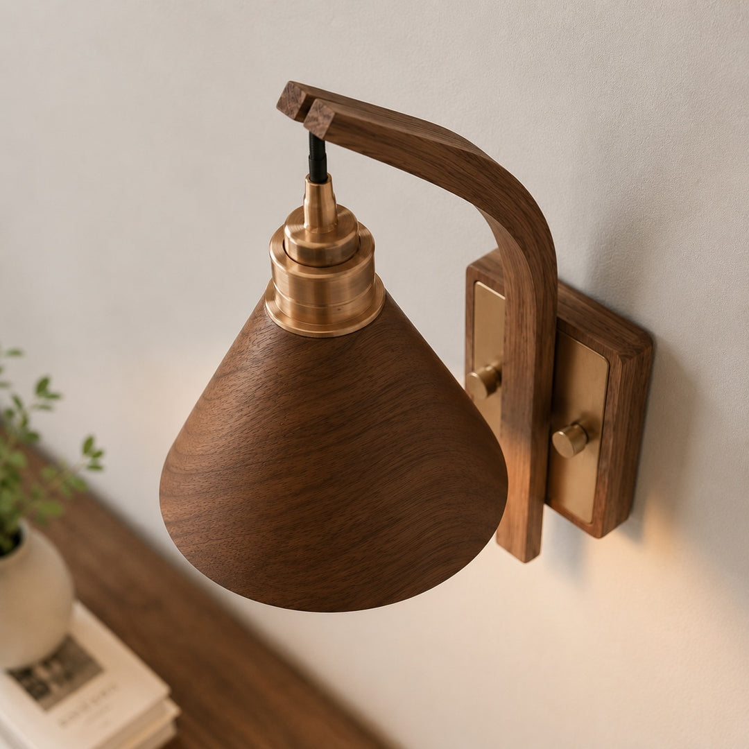 Scandinavian Modern Wall Light Wall Mounted Wooden Arm Brass Backplate LED Downlight