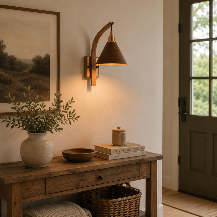 Scandinavian Modern Wall Light Wall Mounted Wooden Arm Brass Backplate LED Downlight