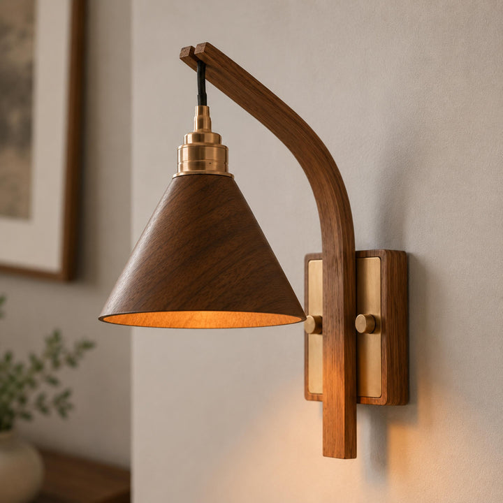 Scandinavian Modern Wall Light Wall Mounted Wooden Arm Brass Backplate LED Downlight