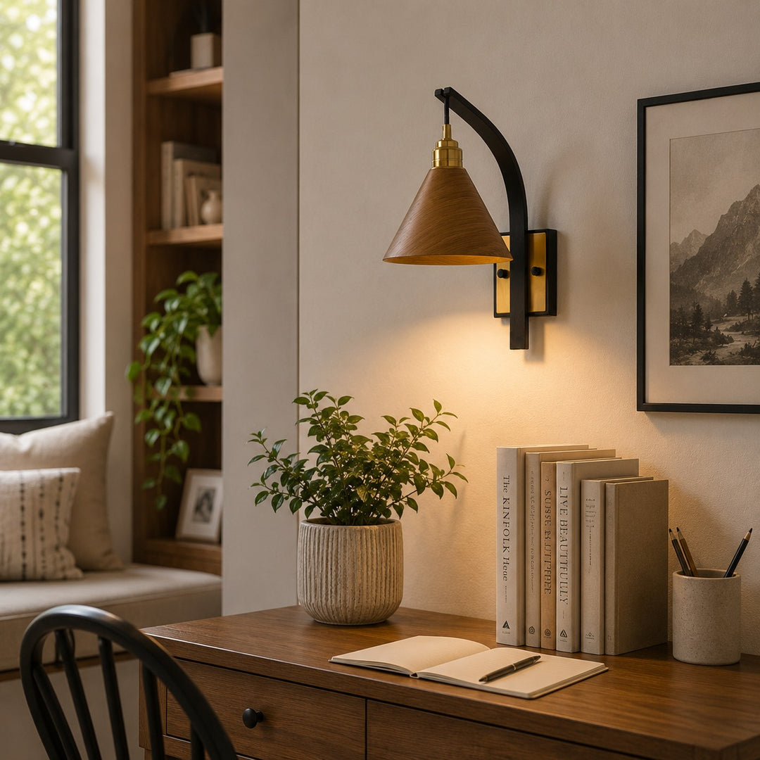 Scandinavian Modern Wall Light Wall Mounted Wooden Arm Brass Backplate LED Downlight