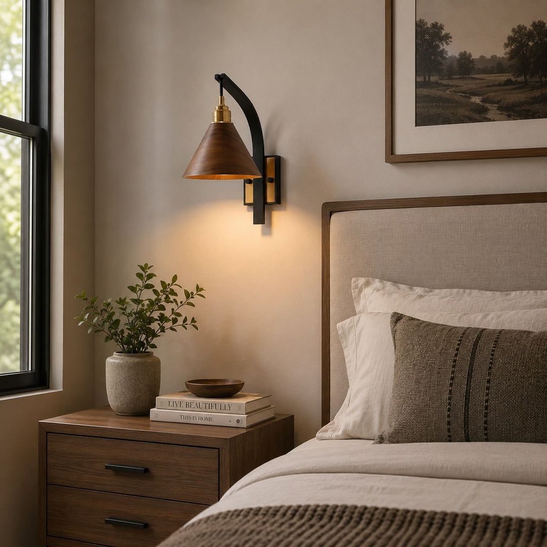 Scandinavian Modern Wall Light Wall Mounted Wooden Arm Brass Backplate LED Downlight