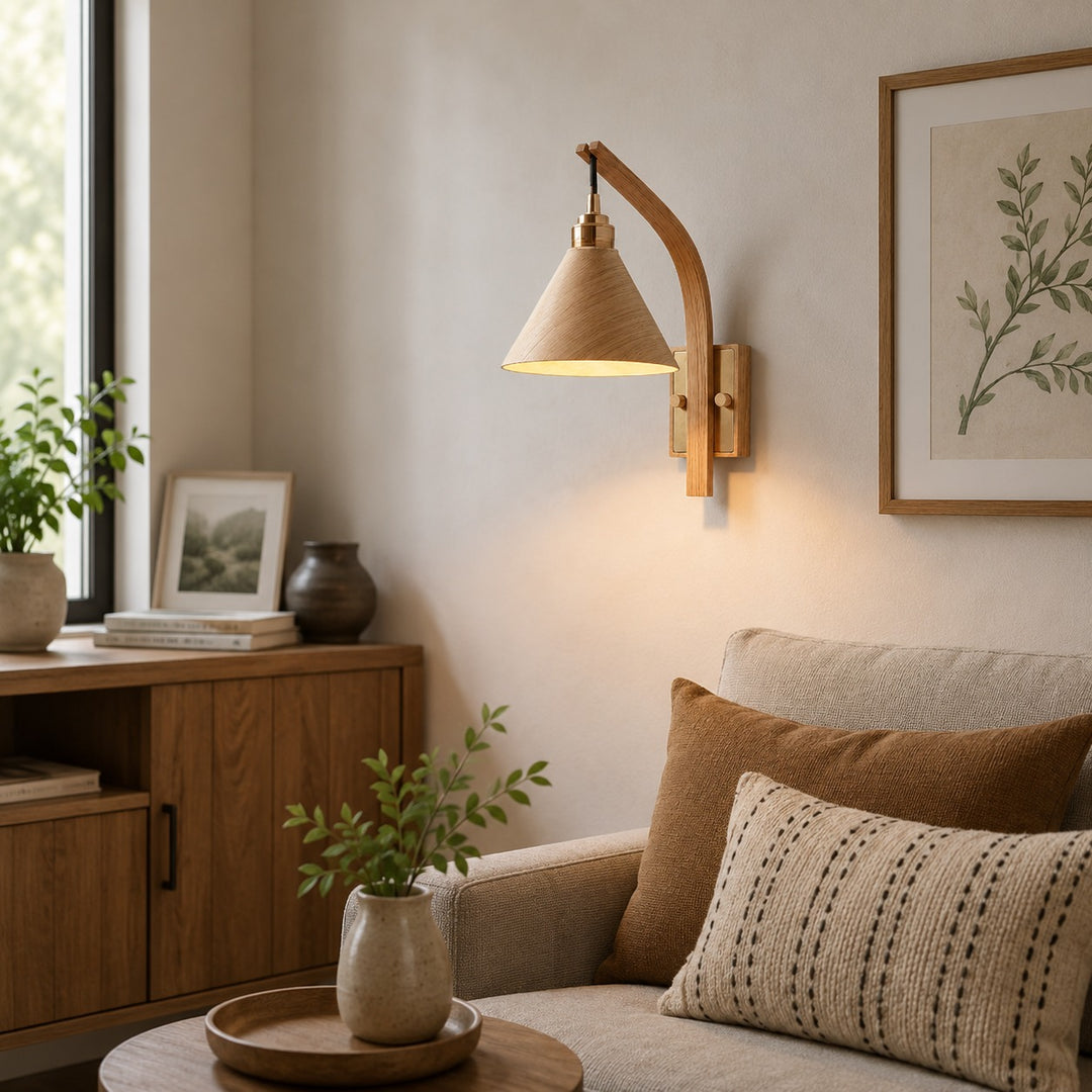 Scandinavian Modern Wall Light Wall Mounted Wooden Arm Brass Backplate LED Downlight
