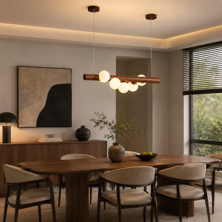 Scandinavian Pendant Lamp Hanging Opal Glass Globes with Walnut Wood Bar for Modern Interiors