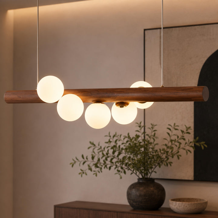 Scandinavian Pendant Lamp Hanging Opal Glass Globes with Walnut Wood Bar for Modern Interiors