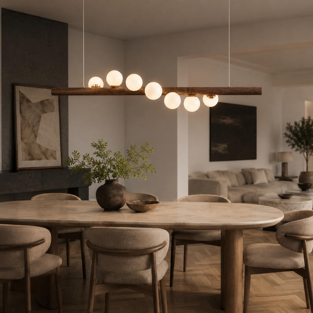 Scandinavian Pendant Lamp Hanging Opal Glass Globes with Walnut Wood Bar for Modern Interiors