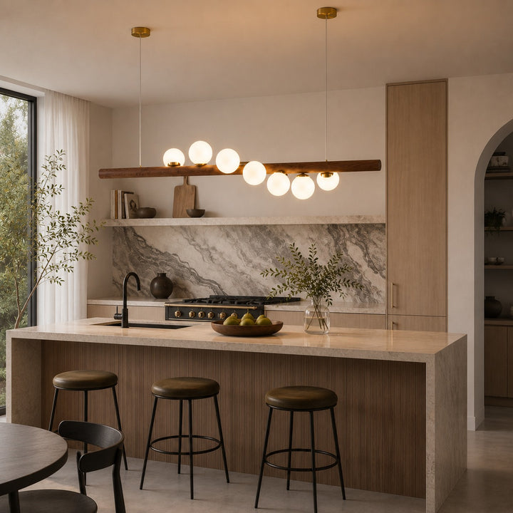 Scandinavian Pendant Lamp Hanging Opal Glass Globes with Walnut Wood Bar for Modern Interiors
