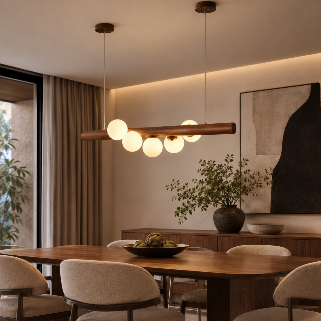 Scandinavian Pendant Lamp Hanging Opal Glass Globes with Walnut Wood Bar for Modern Interiors
