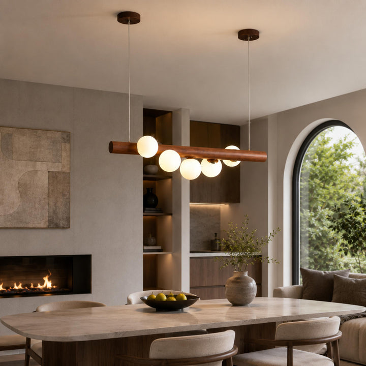 Scandinavian Pendant Lamp Hanging Opal Glass Globes with Walnut Wood Bar for Modern Interiors