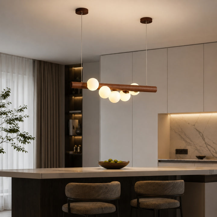Scandinavian Pendant Lamp Hanging Opal Glass Globes with Walnut Wood Bar for Modern Interiors