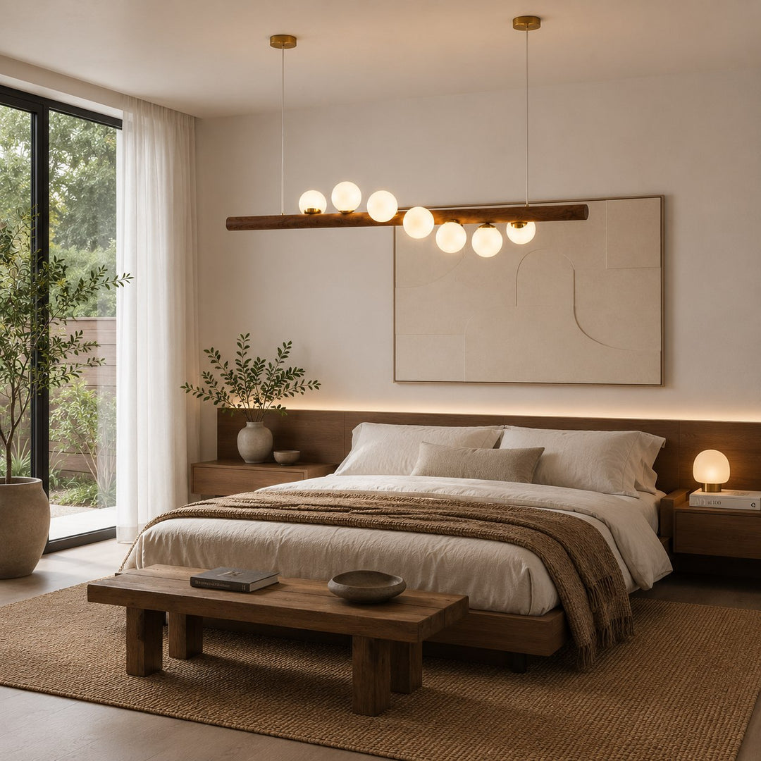 Scandinavian Pendant Lamp Hanging Opal Glass Globes with Walnut Wood Bar for Modern Interiors