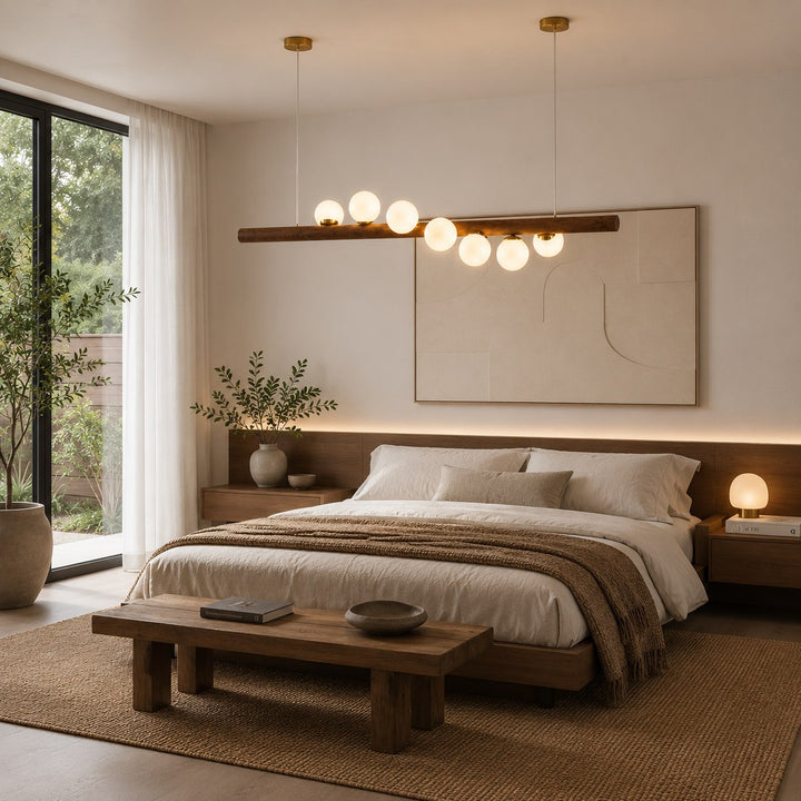 Scandinavian Pendant Lamp Hanging Opal Glass Globes with Walnut Wood Bar for Modern Interiors