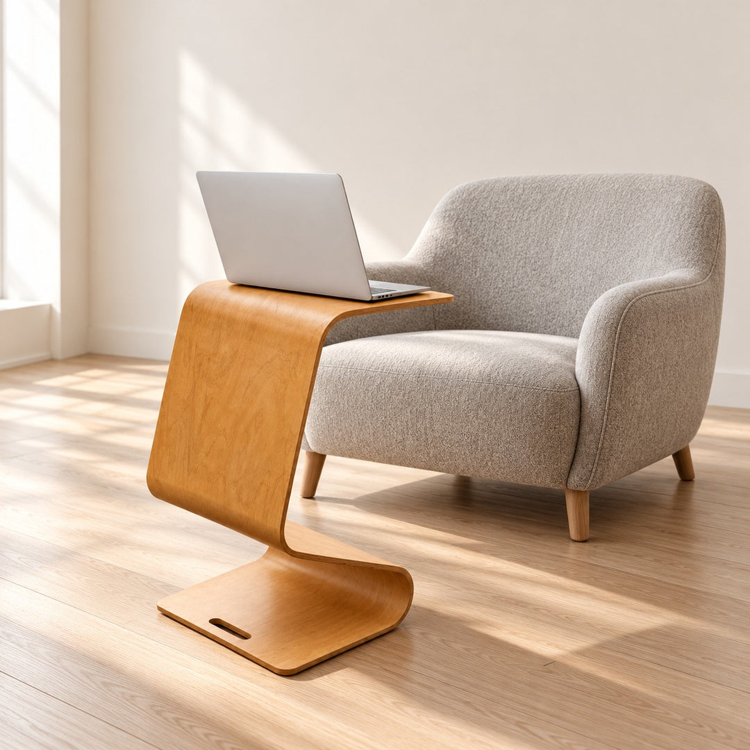 Modern Minimalist Side Table Solid Pine Wood N-Shape Design with Open Shelf for Small Spaces