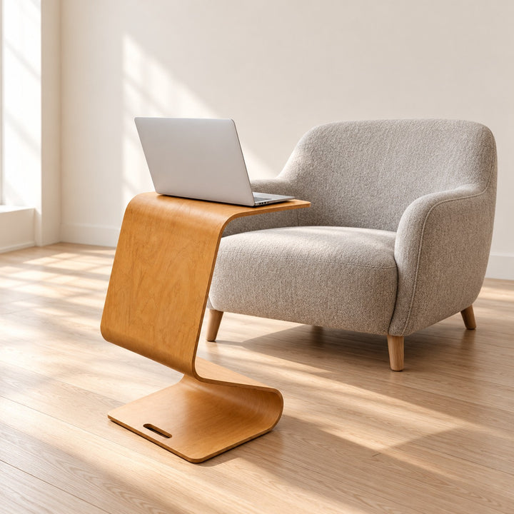 Modern Minimalist Side Table Solid Pine Wood N-Shape Design with Open Shelf for Small Spaces