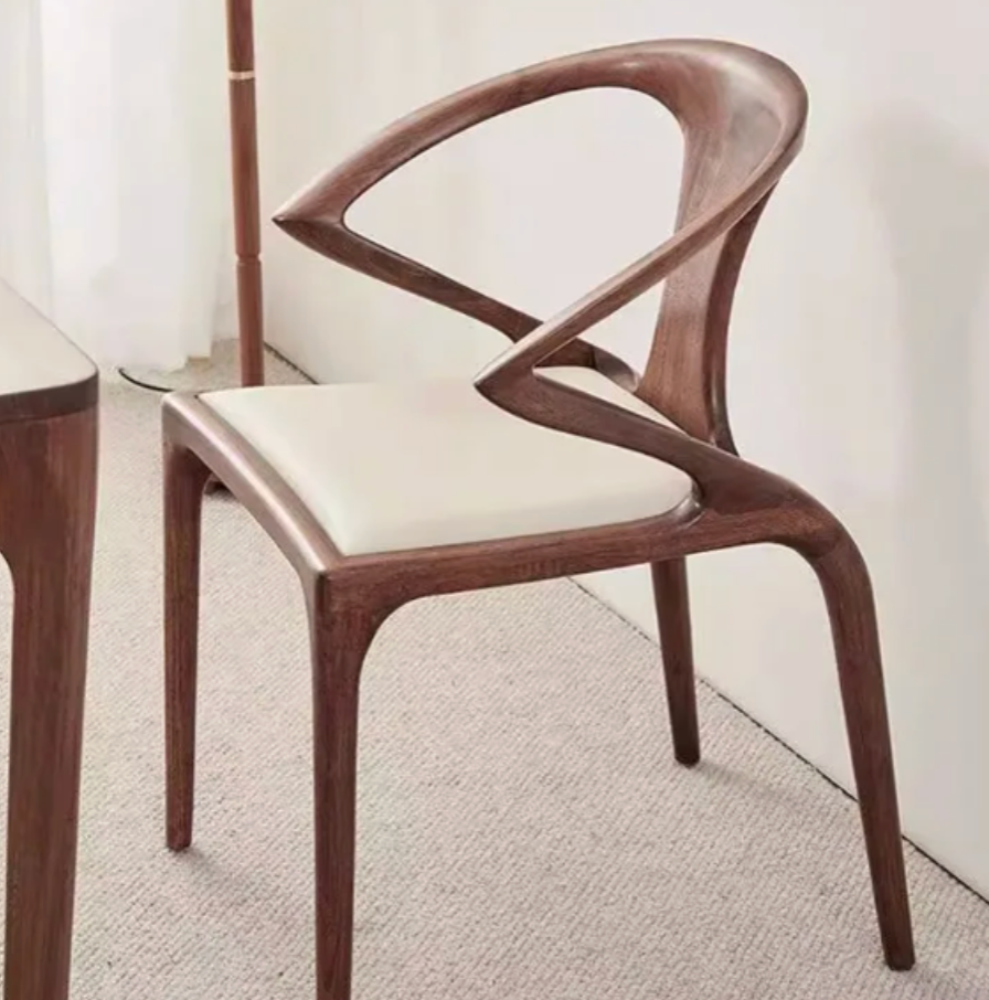 Modern Dining Chair with Sculpted Backrest Cushioned Seat in Walnut Veneer for Dining Room