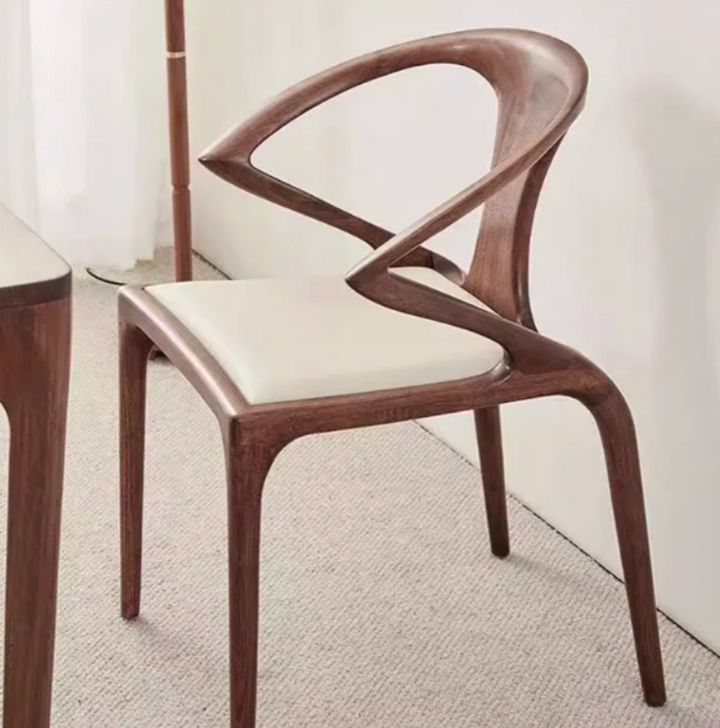 Modern Dining Chair with Sculpted Backrest Cushioned Seat in Walnut Veneer for Dining Room