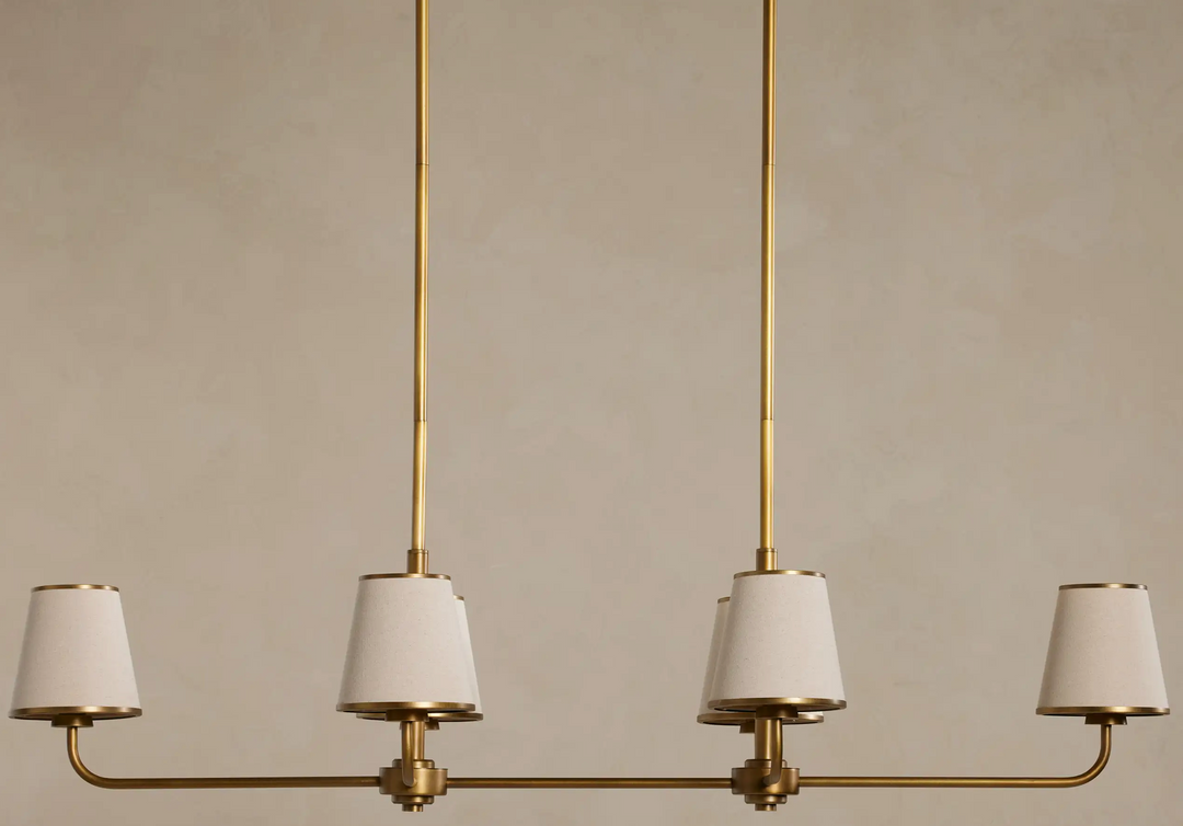 Luxury Brass Linear Chandelier with 6 Pleated Fabric Shades – Modern Adjustable Dining Room & Kitchen Island Pendant Light