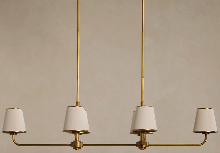 Luxury Brass Linear Chandelier with 6 Pleated Fabric Shades – Modern Adjustable Dining Room & Kitchen Island Pendant Light