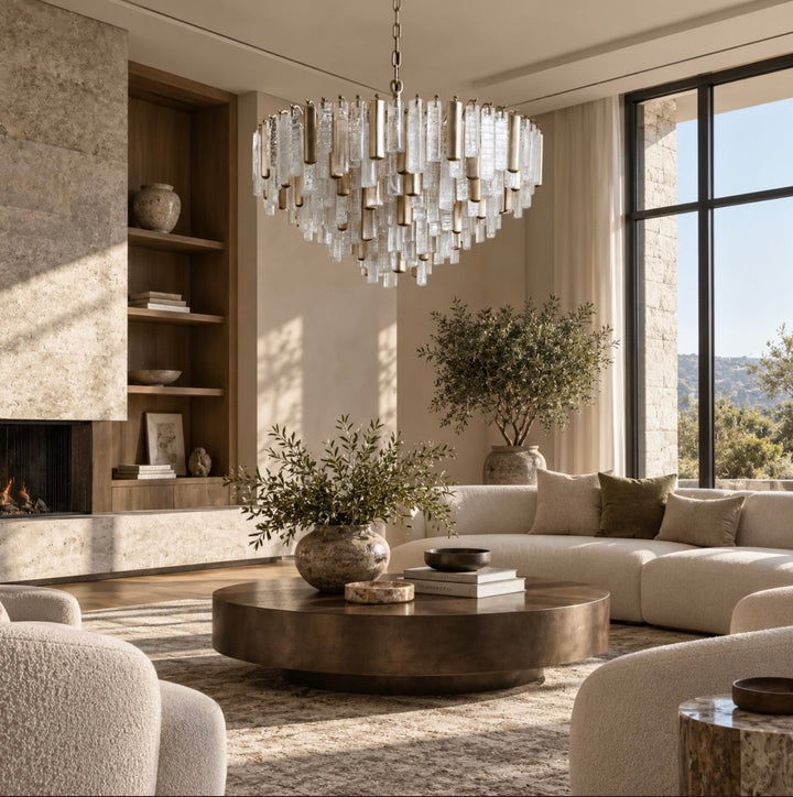 Modern Round Chandelier Hanging Light Fixture in Metal and Glass with 13 E12 Sockets