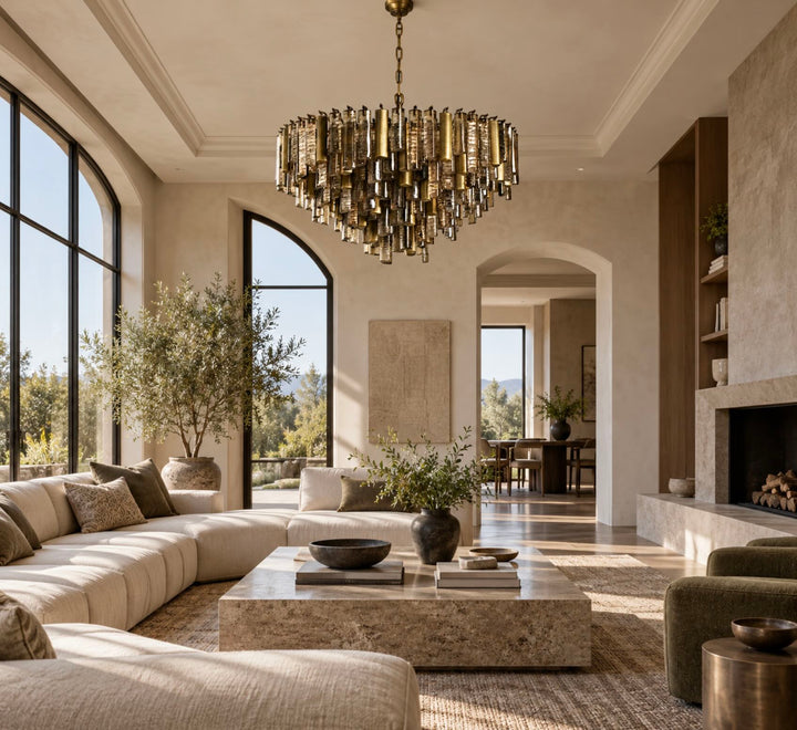 Modern Round Chandelier Hanging Light Fixture in Metal and Glass with 13 E12 Sockets
