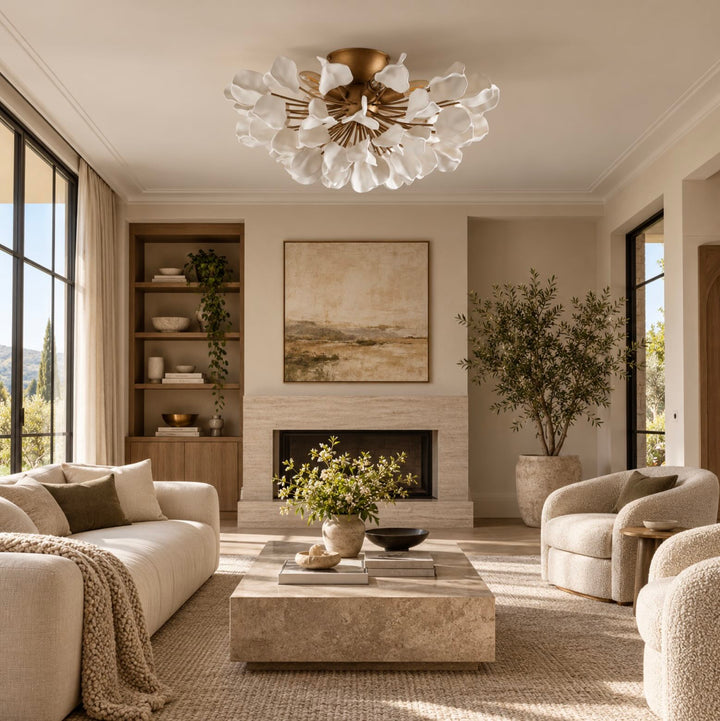 Modern Ceramic Leaf Flush Mount Ceiling Light – Brass & Ivory Botanical Chandelier