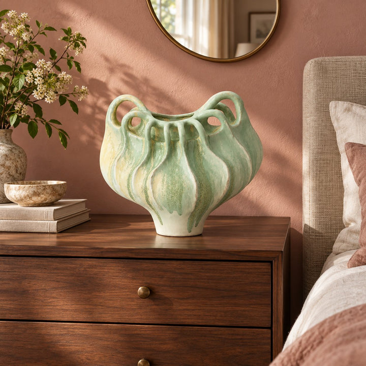 Modern Sculptural Ceramic Vase Multi-Handle Design Hand-Painted Green and Sand 33 cm Decorative Centerpiece