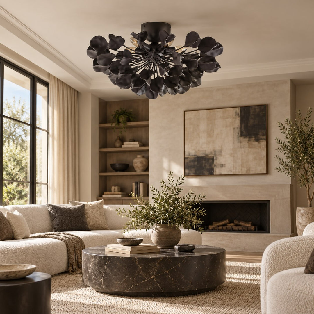 Modern Ceramic Leaf Flush Mount Ceiling Light – Brass & Ivory Botanical Chandelier