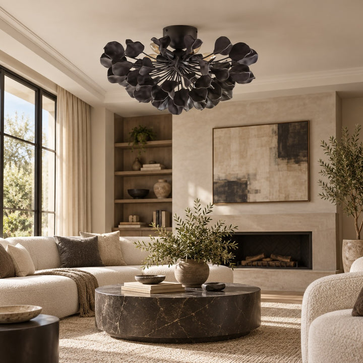 Modern Ceramic Leaf Flush Mount Ceiling Light – Brass & Ivory Botanical Chandelier