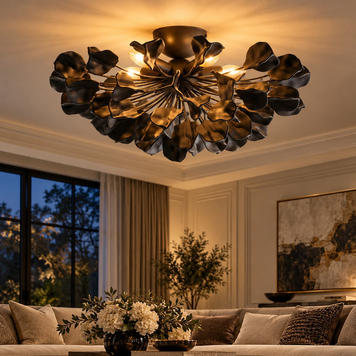 Modern Ceramic Leaf Flush Mount Ceiling Light – Brass & Ivory Botanical Chandelier