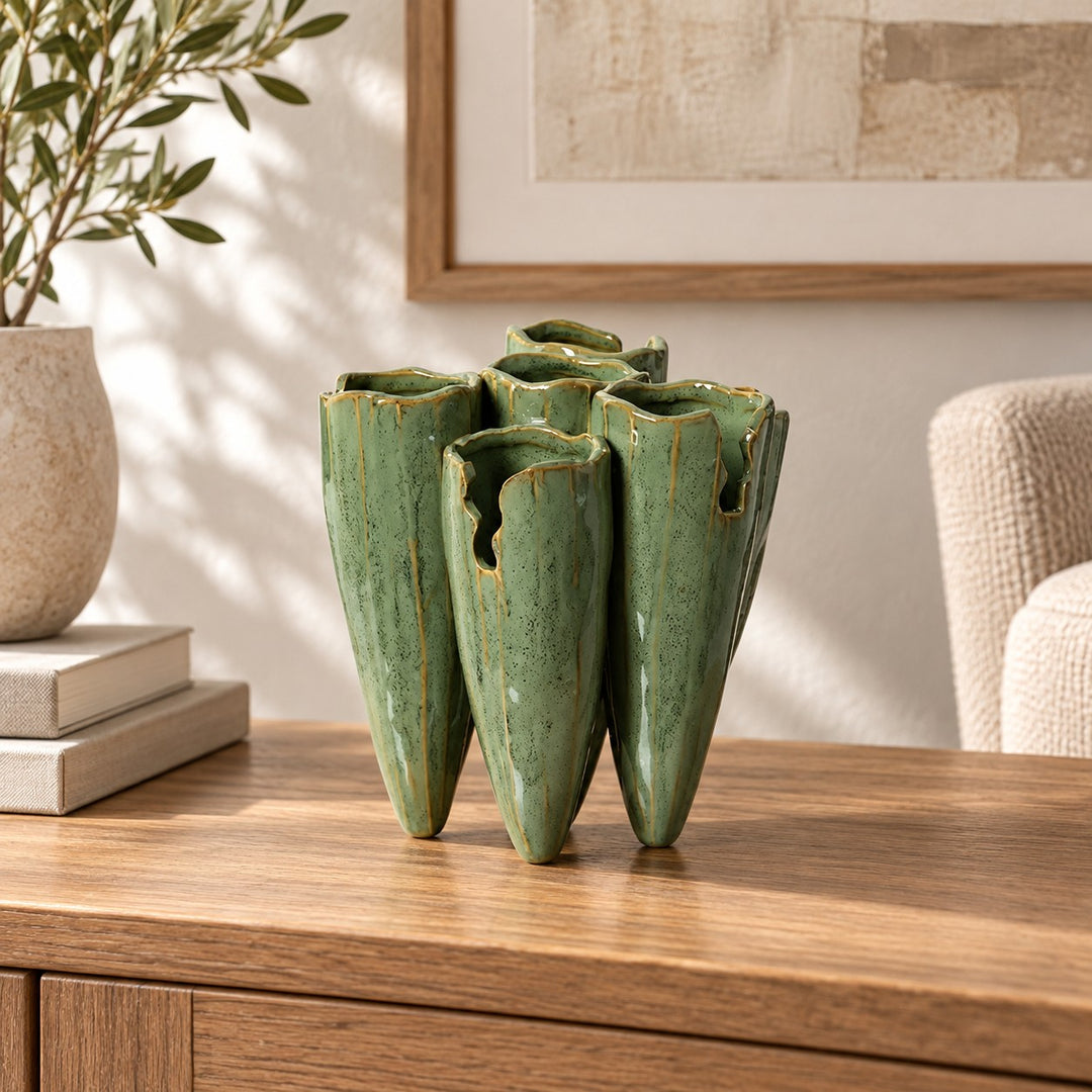 Modern Ceramic Vase Multi-Spout Design Watertight Reactive-Glaze Finish Green Artisanal Style