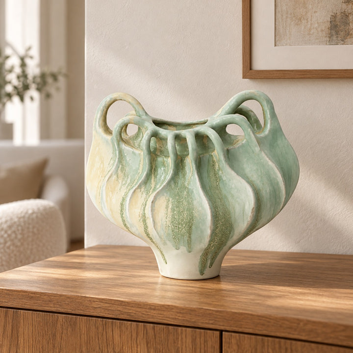 Modern Sculptural Ceramic Vase Multi-Handle Design Hand-Painted Green and Sand 33 cm Decorative Centerpiece