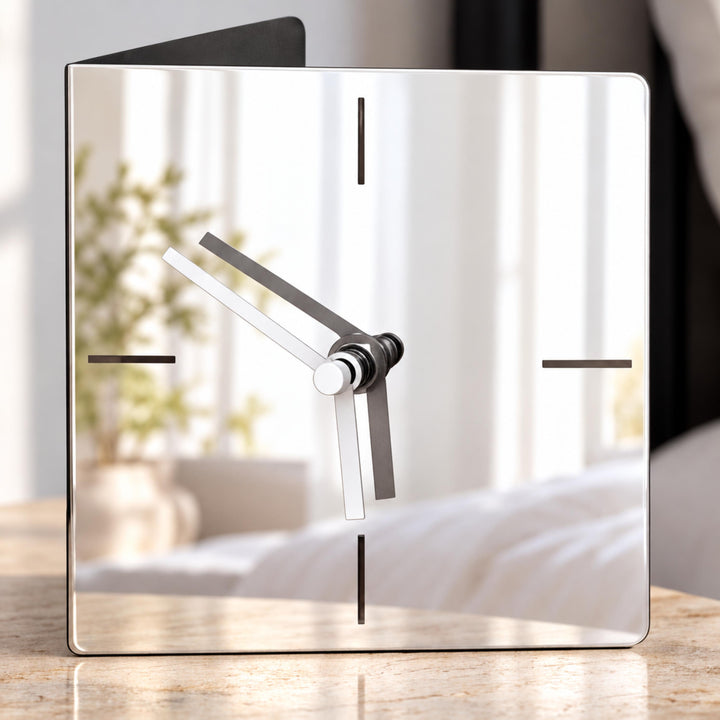 Modern Square Desk Clock Stainless Steel Analog Quartz Movement Minimalist Design 13cm 18cm