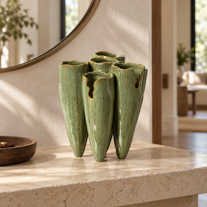 Modern Ceramic Vase Multi-Spout Design Watertight Reactive-Glaze Finish Green Artisanal Style